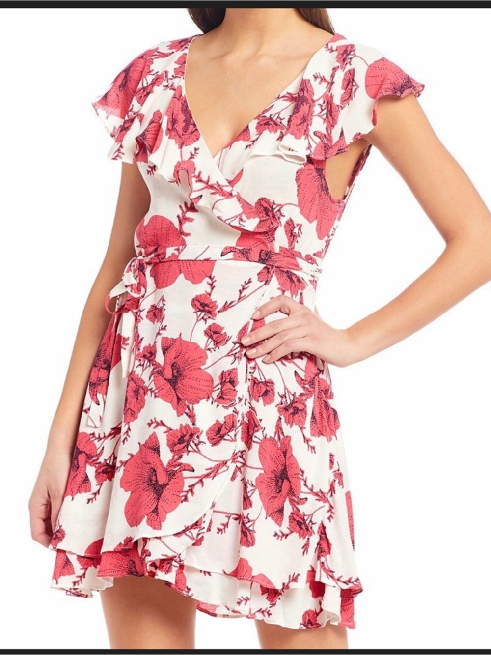 Free People White Mini Wrap Dress with Coral Floral Print